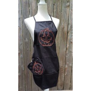 Halloween Jack-o-lantern embroidered apron pot holder Kitchen Housewarming gift